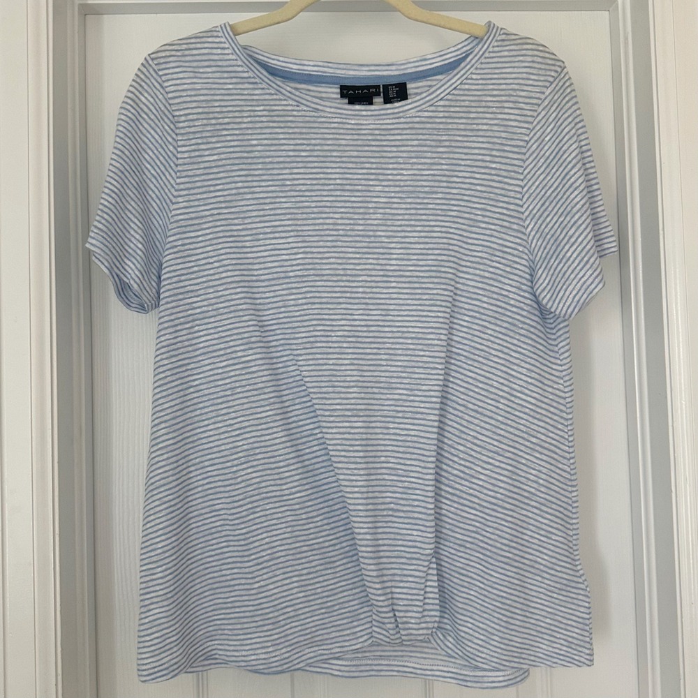 Tahari Blue White 100% Linen Striped Knot Twist Front Tee Size Medium